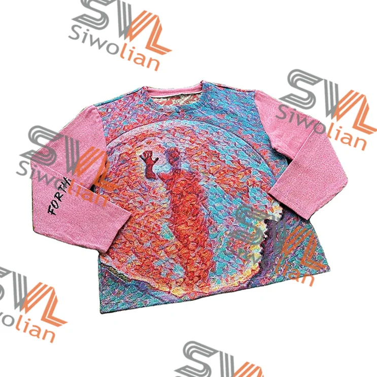 Streetwear mens crew neck sweatshirt tapestry sweaters customize tapestry sweatshirts woven Jacquard mens sweaters