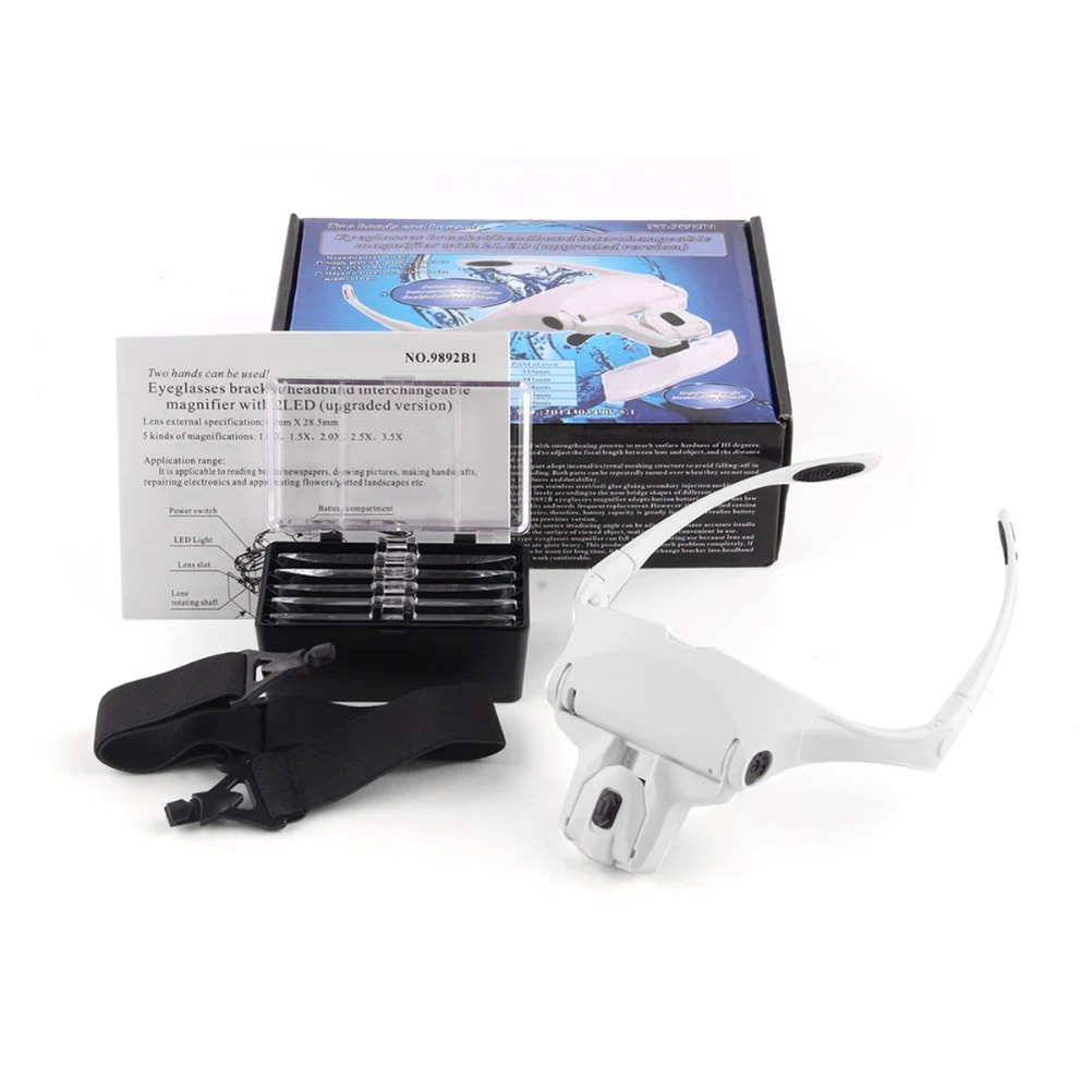 5 Lens Adjustable Headband EyeGlass Magnifier With LED Light Lamp Magnifying Glasses for Eyelash Extension Beauty Makeup Tools