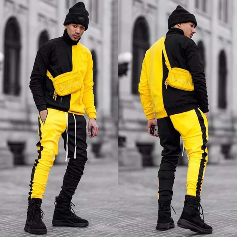 hot sale high quality men fashion streetwear color block crew neck pullover sweatsuit tracksuit tracks sweat suits