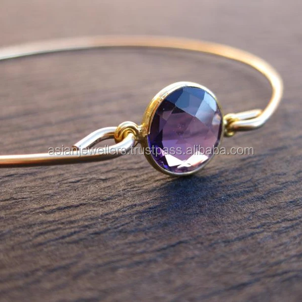 925 Sterling Silver Amethyst Quartz Gemstone Handmade Gold Plated  Vermeil Bangle/Bracelet