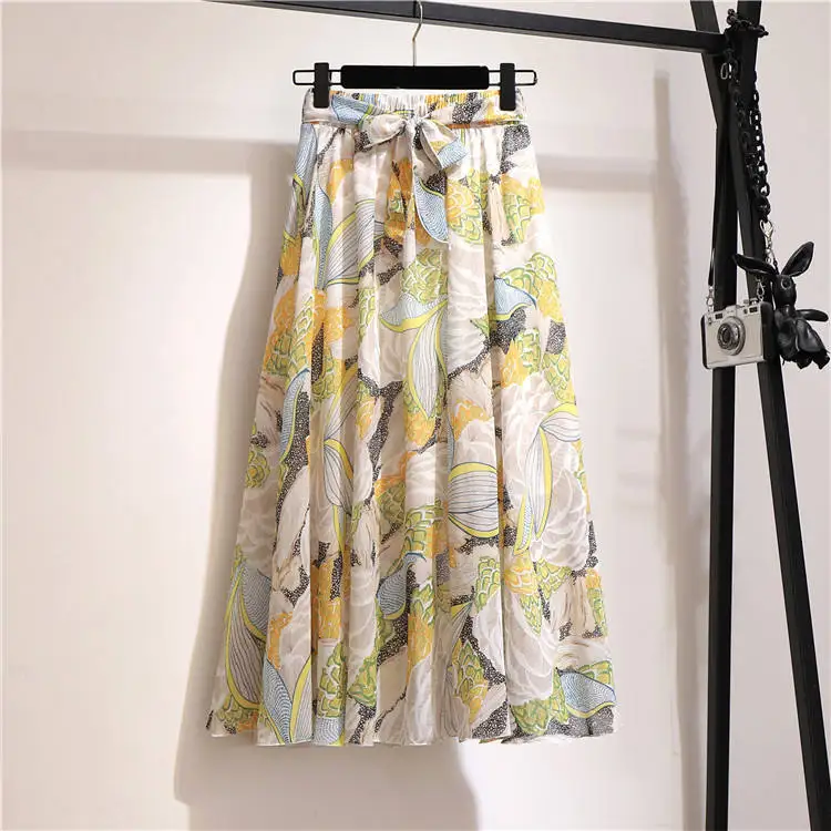 Women Summer Skirts 2022 Vintage Printed Chiffon A-Link Skirt Bow Waist Casual Holiday Beach Midi Skirt Stock