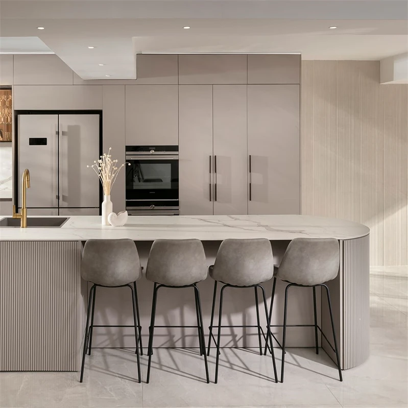 CBMmart Modern Fluted Design Kitchen Quartez Kitchen Cabinet With Nature Marble Stone