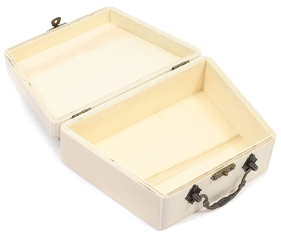 unfinished wooden gift box with metal handle DIY craft box