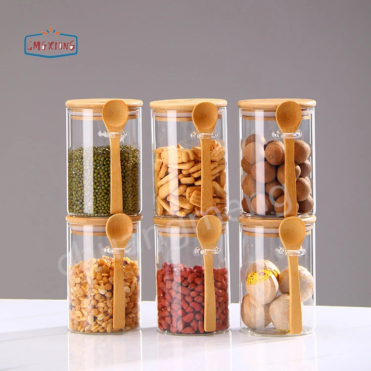 Condiment Container Seasoning Box Pots 6pcs Spice Glass Jars Set with Bamboo Spoon