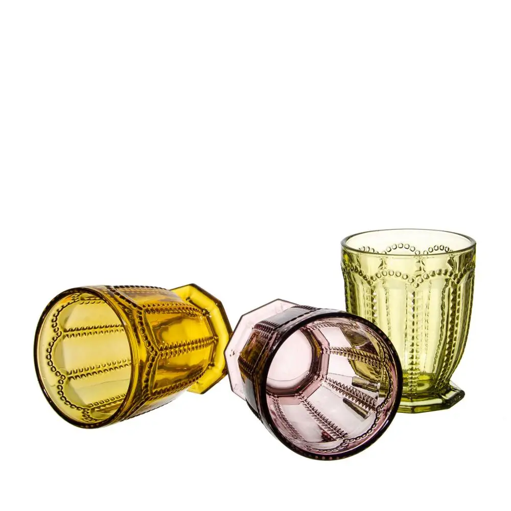 Bulk drinking  juice Popular Jade Retro Colorful Embossed glass cup