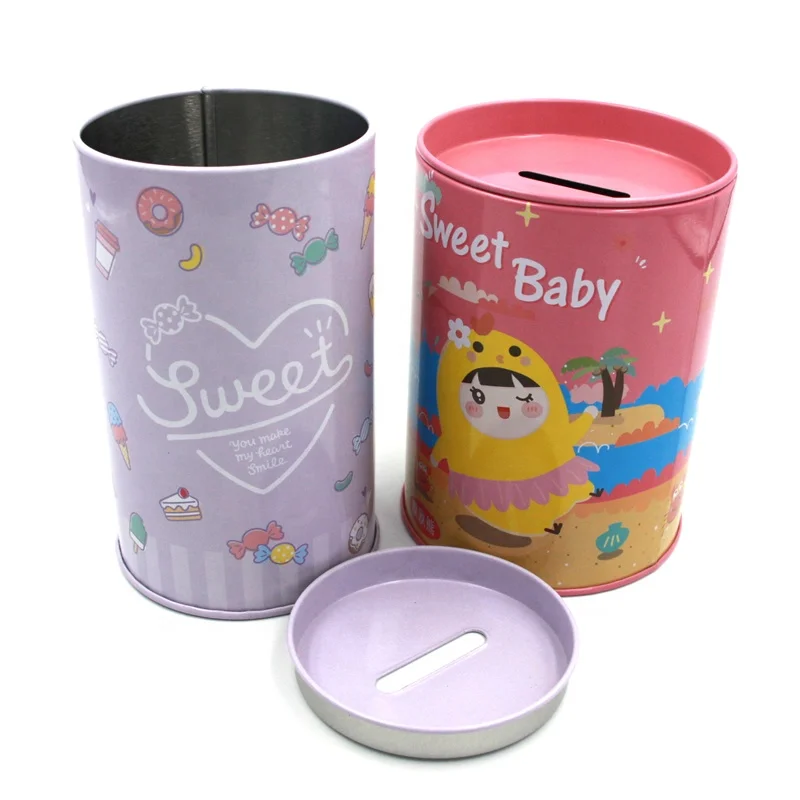 Round Shaped Metal Tin Coin Piggy Bank for Kids,Money Saving Tin Box