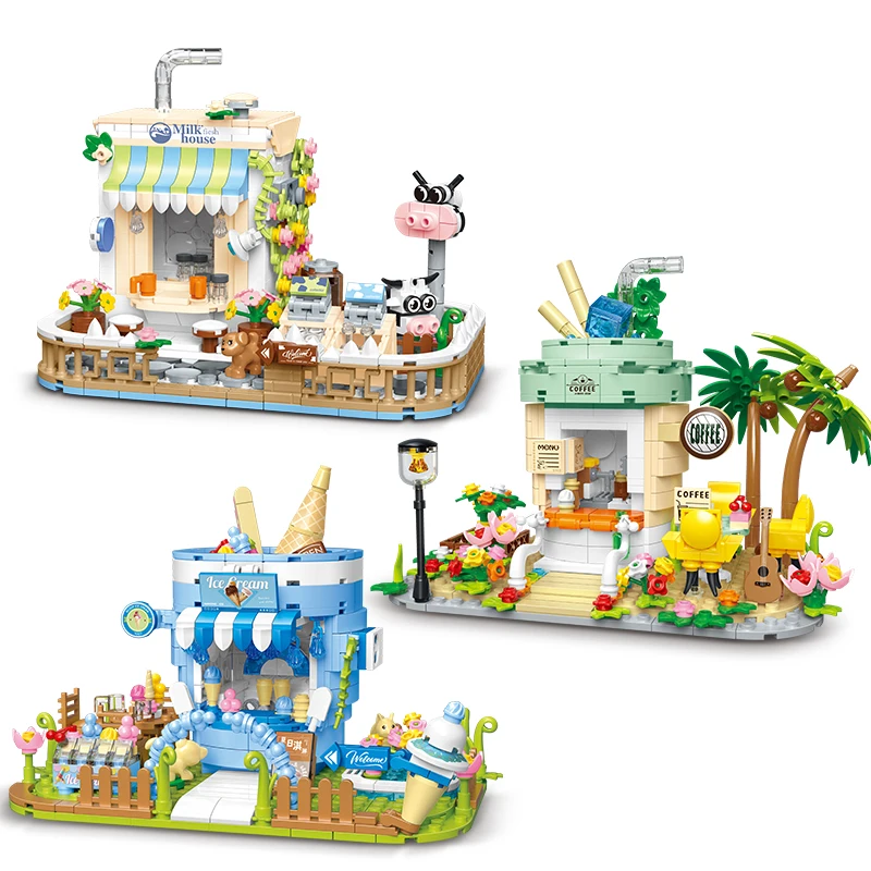 Children Kid Toys Mini City Street View Creative Diy Milk Tea Shop Building Model Kit Ice Cream Shop Beverage Store Build Block