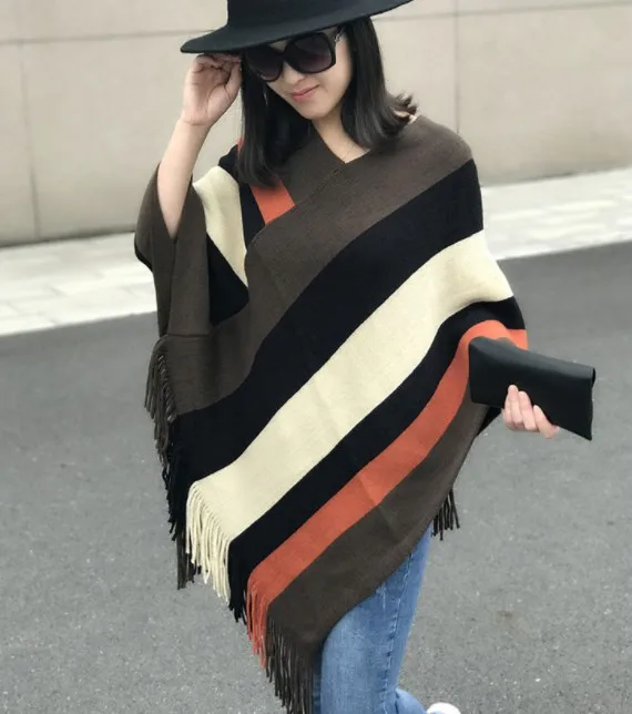 Winter thick acrylic poncho women stripes knit blanket poncho