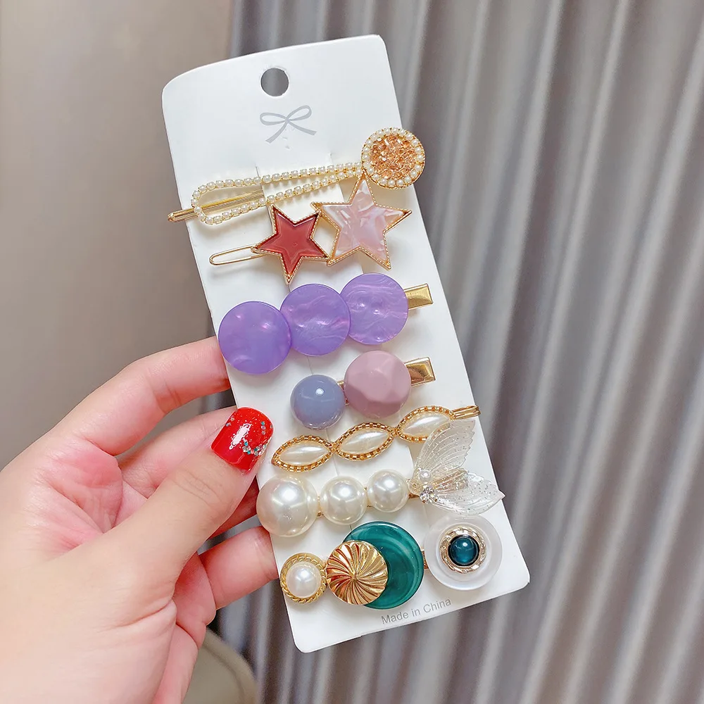 Amazon Hot Selling Pearl Hair Clip Set  For Girls Baby  Acrylic Acetate Hairpin Combination Hair Accessories (8Pcs)