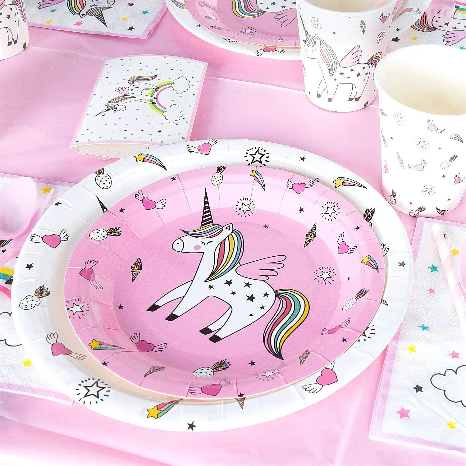 
Xiamen Stone Pink Birthday Party Tableware, 112PCS Unicorn Party Supplies Including Paper Plates Napkins Cups Banner Tablecloth 