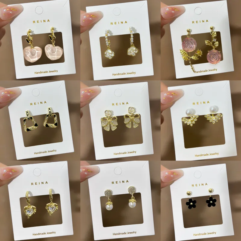 Korean fashion hollow leaf diamond pearl s925 silver needle earrings irregular heart camellia hypoallergenic for women earring