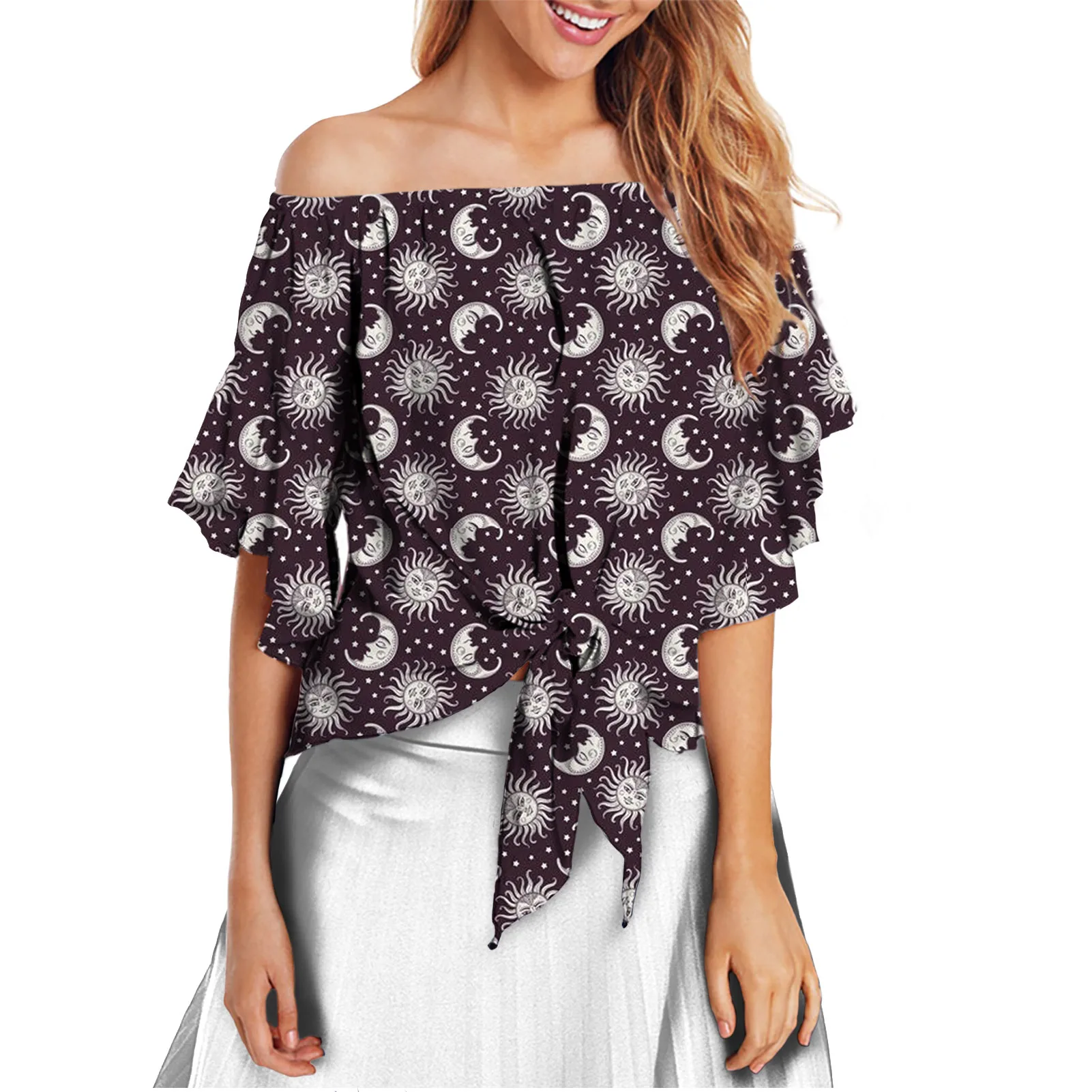 
Fancy Sun Moon Print Blouse Tops for Women Trendy Fashion Off The Shoulder Shirts Bell Sleeve Tie Knot Summer Short Sleeve 