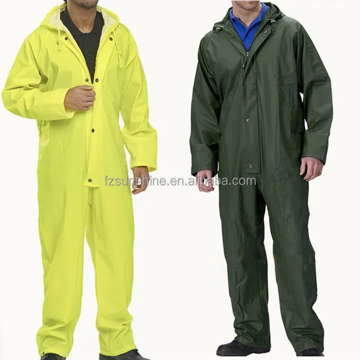 Hooded Waterproof work wear coverall with reflector PU saturn yellow rain coverall