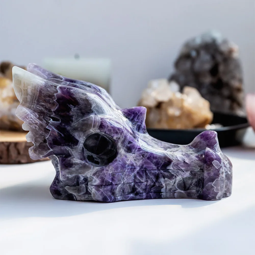 Natural Dream Amethyst Crystal Dragon Head Skulls Hand Carving Crystal Crafts Healing Stones