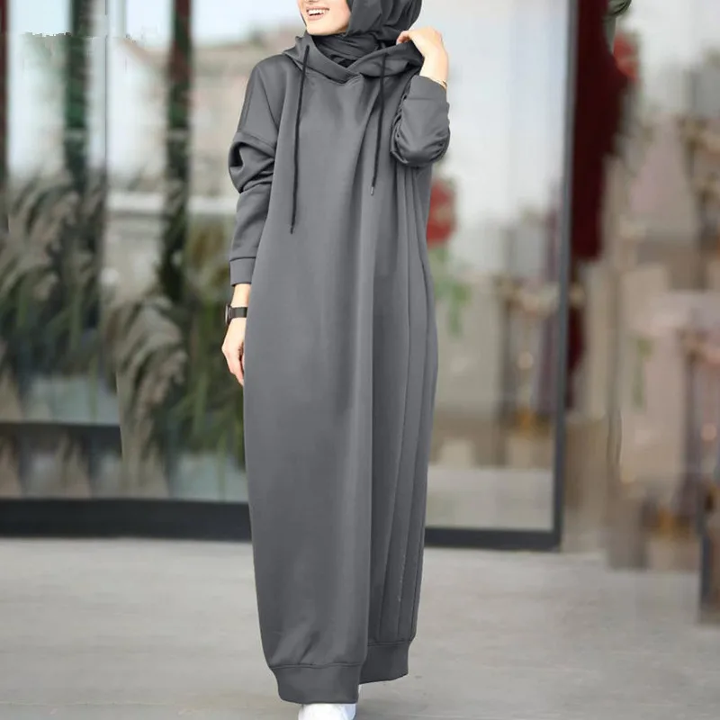 Fall & Winter Solid color 1 piece hooded fleeced abaya coat for Muslim Womens and ladies pullover sweatshirts Hoodies coat