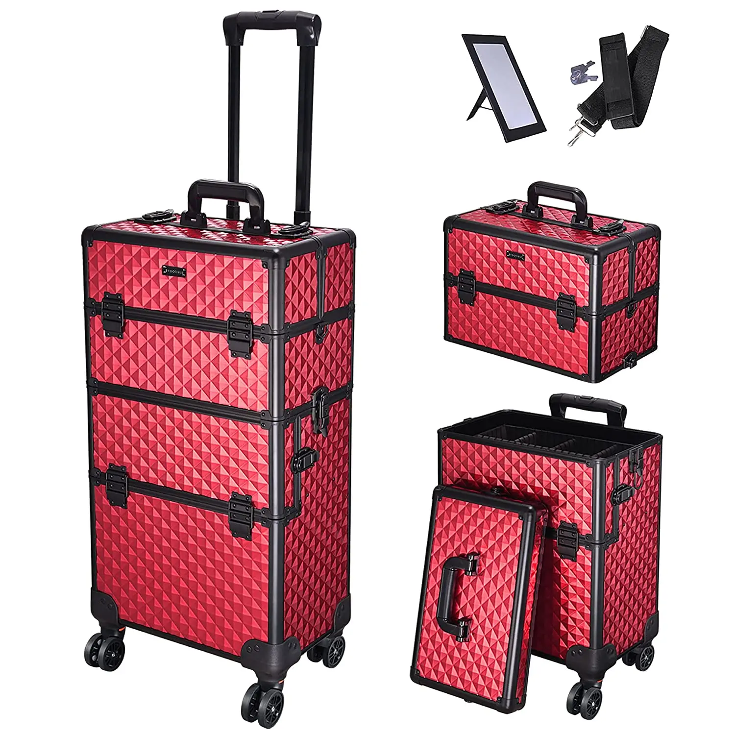 Red 2in1 Aluminum Makeup Train Case Lockable Rolling Travel Salon Trolley Cosmetics Hairdressing Storage