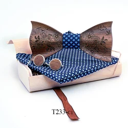 3D Wood Bowtie Handkerchief Cufflinks Sets for Mens Suit Wooden Bow Tie Bowknots Wedding Party Ties Cotton Engraving Cravat