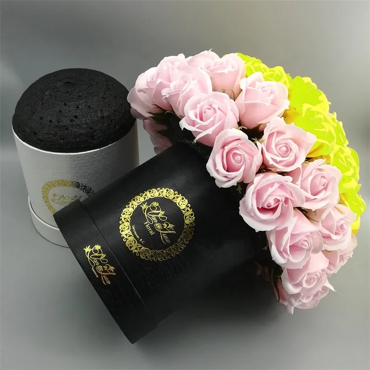 Beautiful customized round paper flower box with mushroom shape black foam for packaging roses