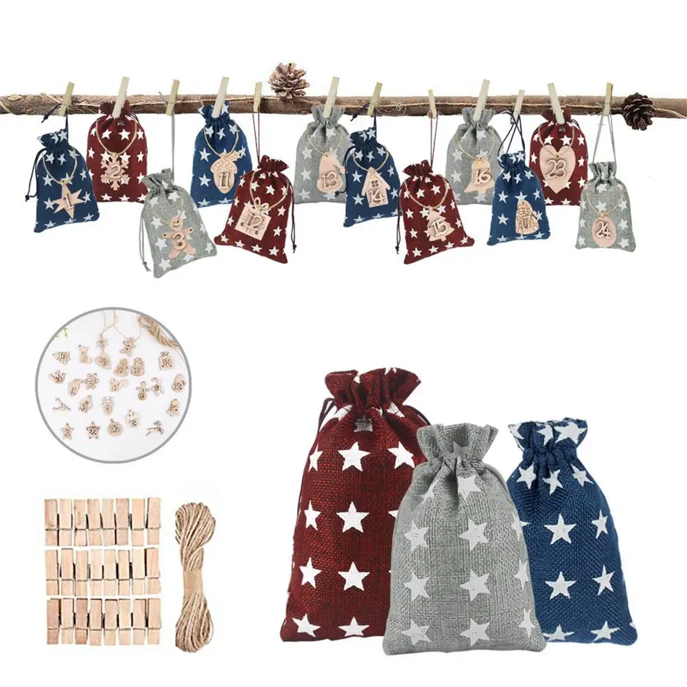 24pcs Christmas Gift Bags Set Calendar Countdown Jute Bag Candy Storage Pouch DIY Christmas Advent Calendar Bag Advent Calendar