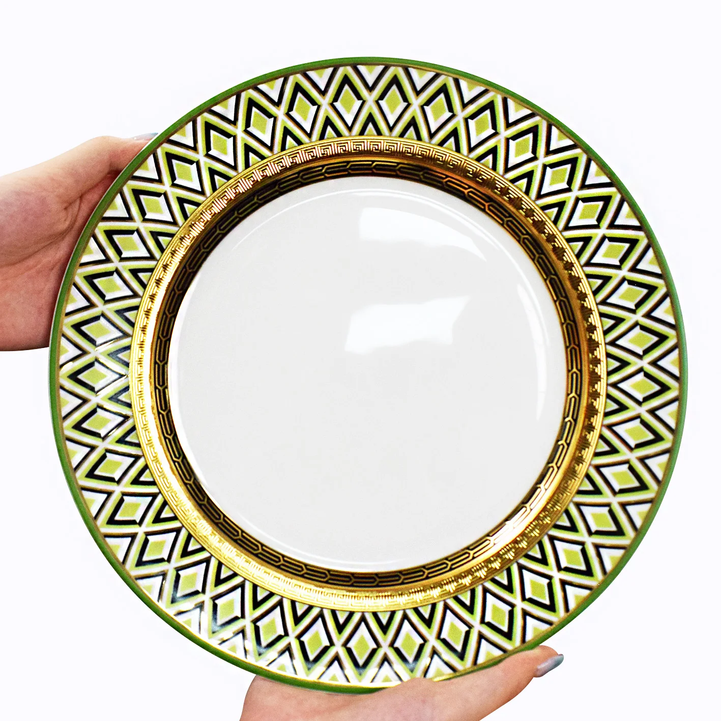 2PCS elegant green color classical bone china porcelain10.5inch with 8inch gold rim  Europe dinner dish plate sets