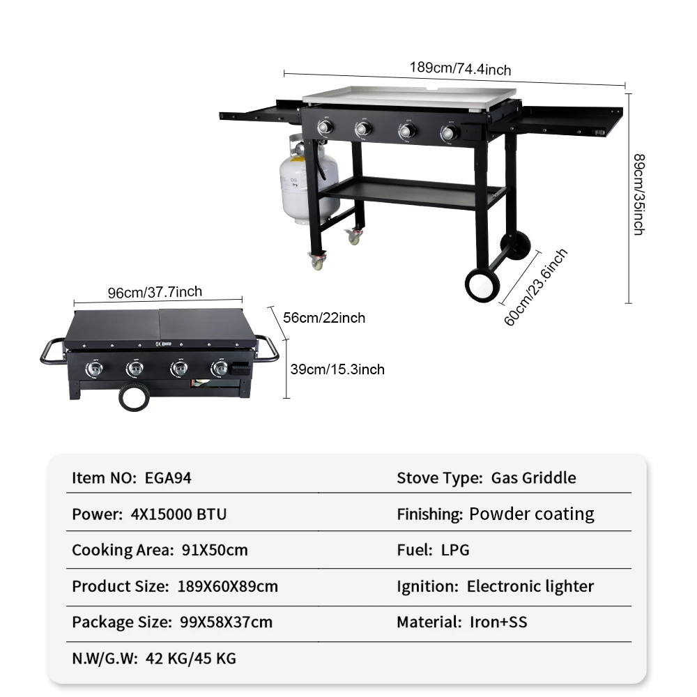 BBQ Movable Outdoor Wheel 4 Burner Fuel Folding Gas Griddle With Storage Rack Flat Tope Grills