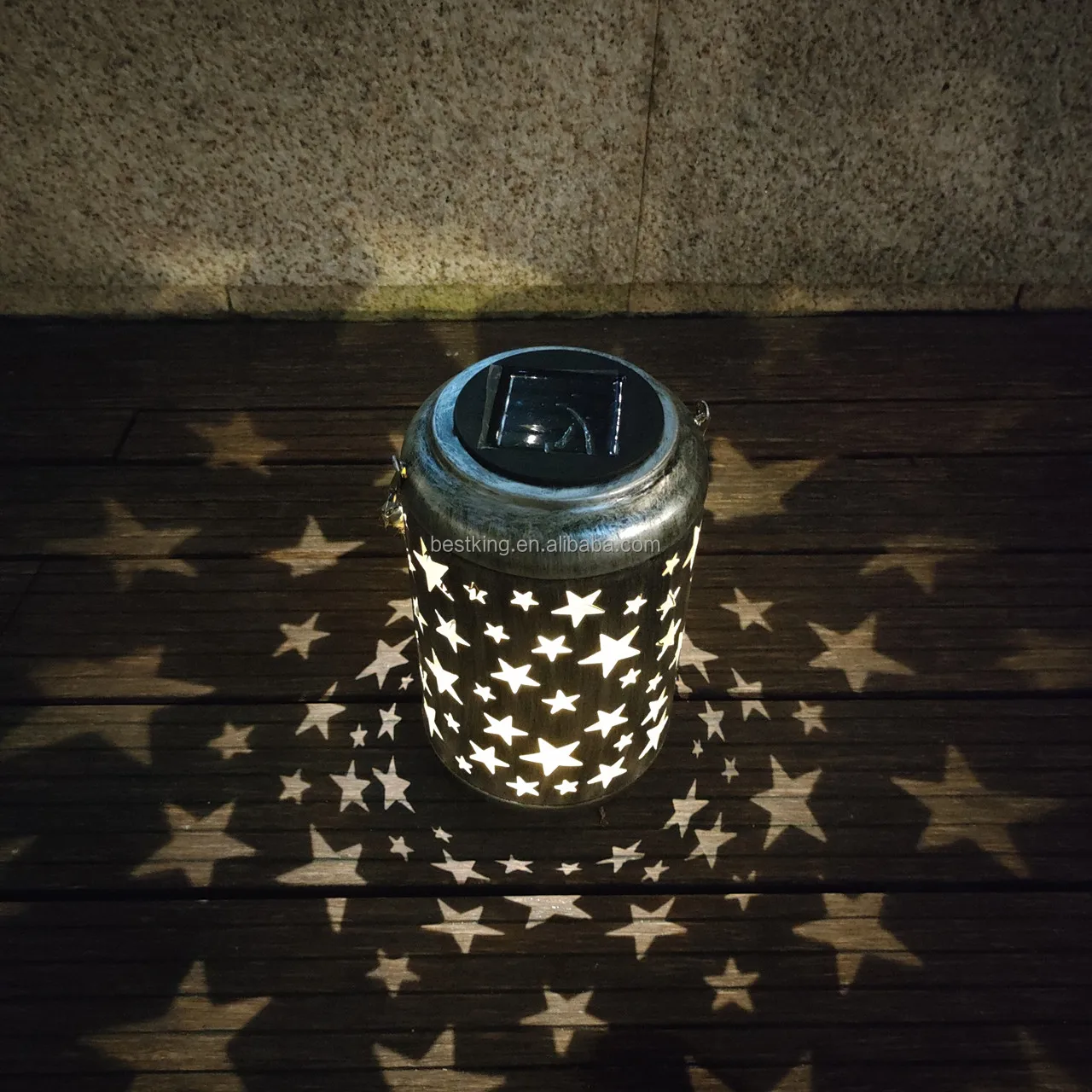 Waterproof outdoor solar powered metal five-star hollow lantern for yard garden festival decoration