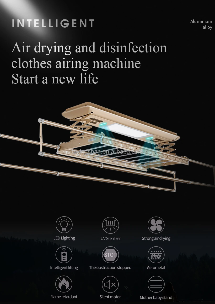 Factory Direct Sale Champaign Gold Aluminium Smart Electric Ceiling Mounted Hanging Clothes Drying Rack With Led Light