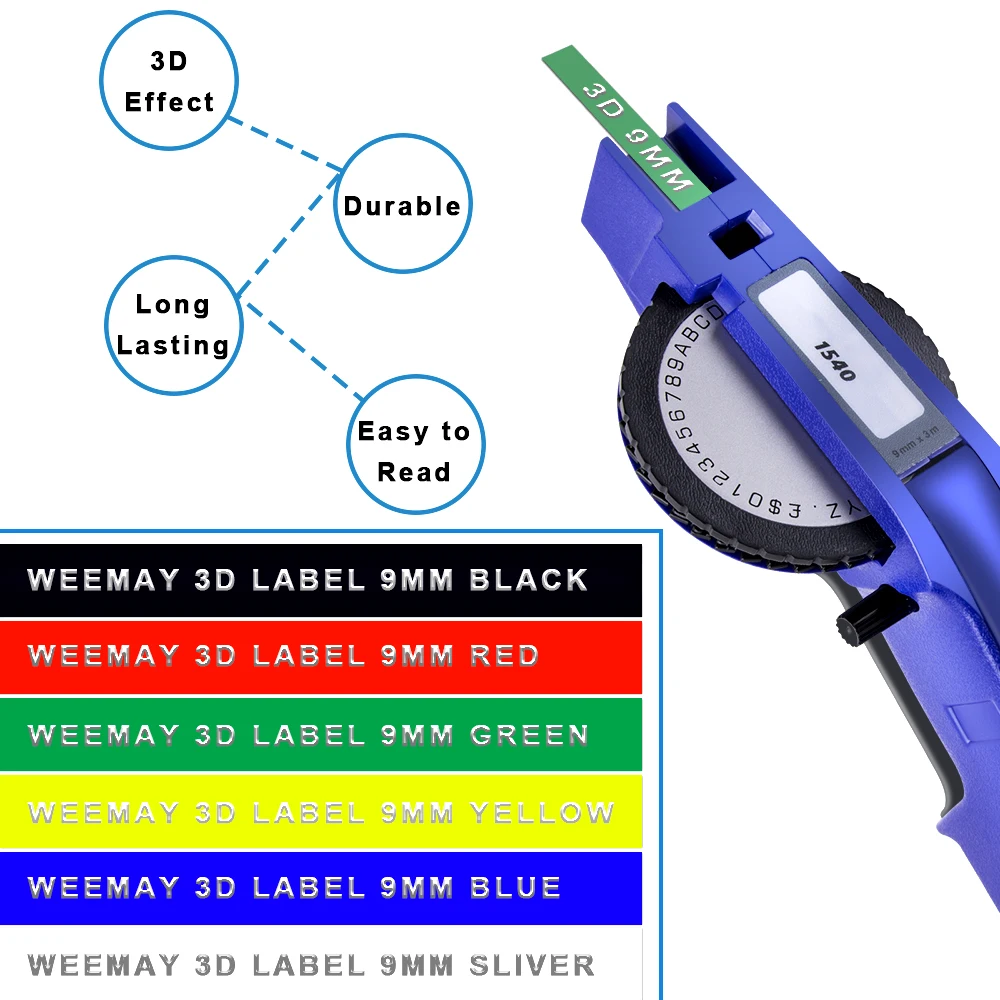 Weemay Width 9mm Length 3m Compatible Dymo 3d Plastic Embossing Label Tapes for Dymo 1595 1610 1540 1880 12965