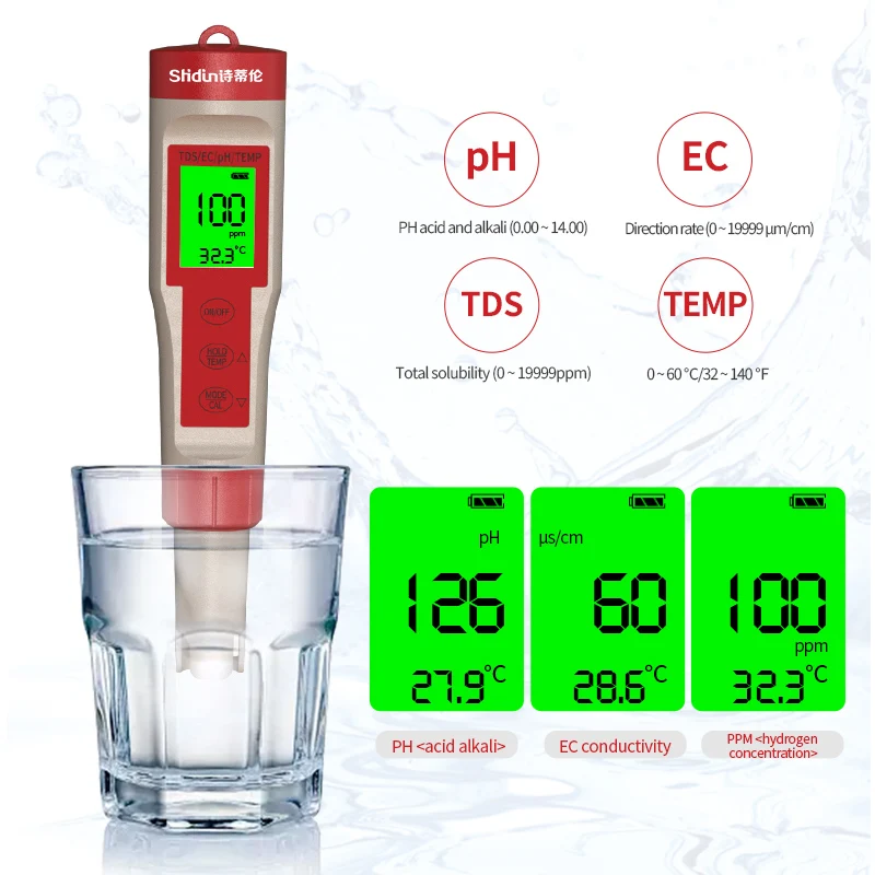Тестер воды портативный TDS метр ручка 4 в 1 Цифровой тестер TDS/EC/PH/Temp цифровой детектор для питьевой