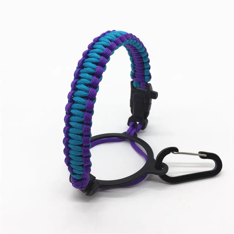 Blue paracord bottle handle with survival kit, compass, fire starter buckle for outdoor hiking camping walking