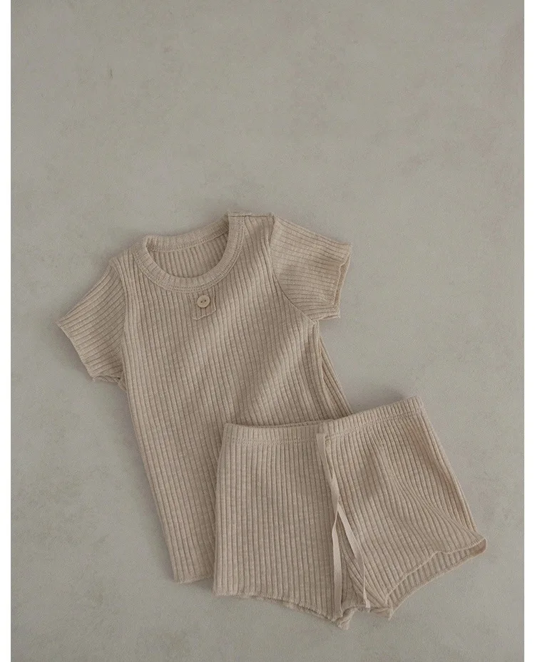 Wholesale Newborn Summer Baby 2pcs Set Kids Thin Cotton Breathable Short Sleeve Ribbed T shirts+Shorts Blank Plain Clothes Suit