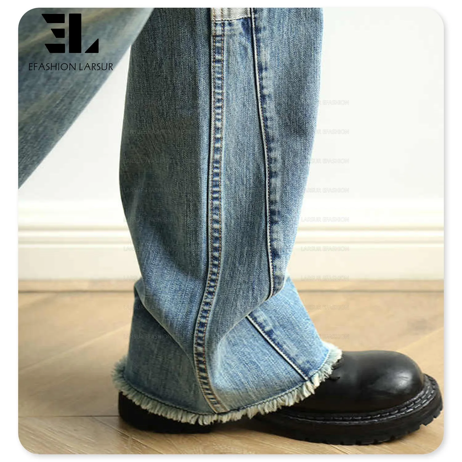 LARSUR Custom denim manufacturer wash selvedge denim flare carpenter jeans patchwork raw edges japanese style salvage denim pant