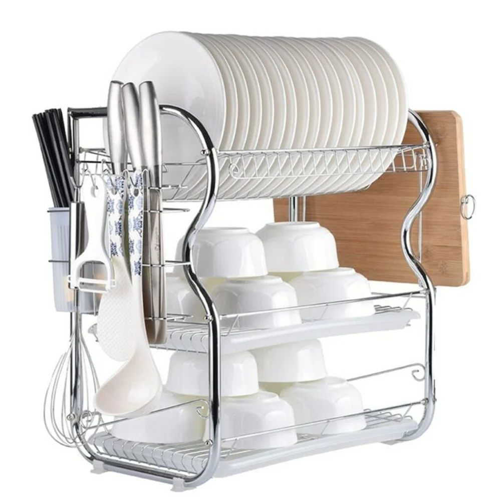 2021 Latest Technology Stainless Steel 3 Layer Bowl Plate Dish Drying Drain Sink Rack Stand Shelf for Kitchen Storage