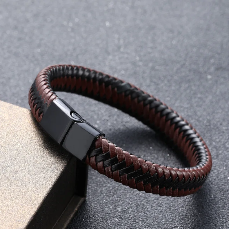 Newest Mens Genuine Leather Hand Jewelry Vintage Handmade Braided Magnetic Clasp Leather Bracelet For Men
