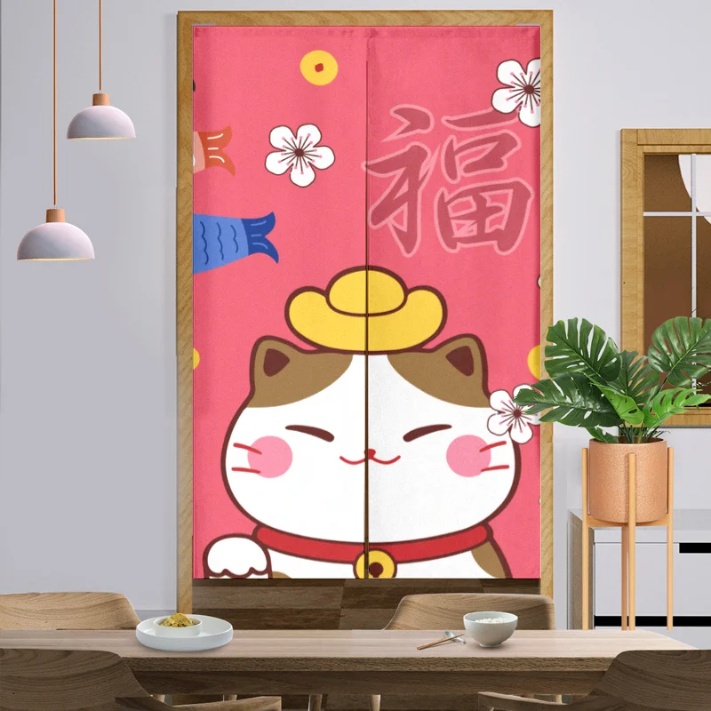 Lucky Cat Noren Japanese Curtain Entrance Feng Shui Door Curtain Kitchen Animal Family Printed Knitted Spring Cotton Linen 50pcs