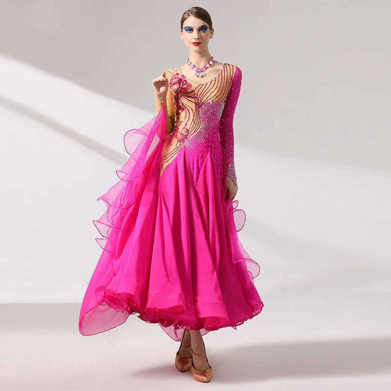 High Quality MOQ 1pcs Women Ladies Performance Wear Rose Red International Standard Competition Ballroom Dance Dresses
