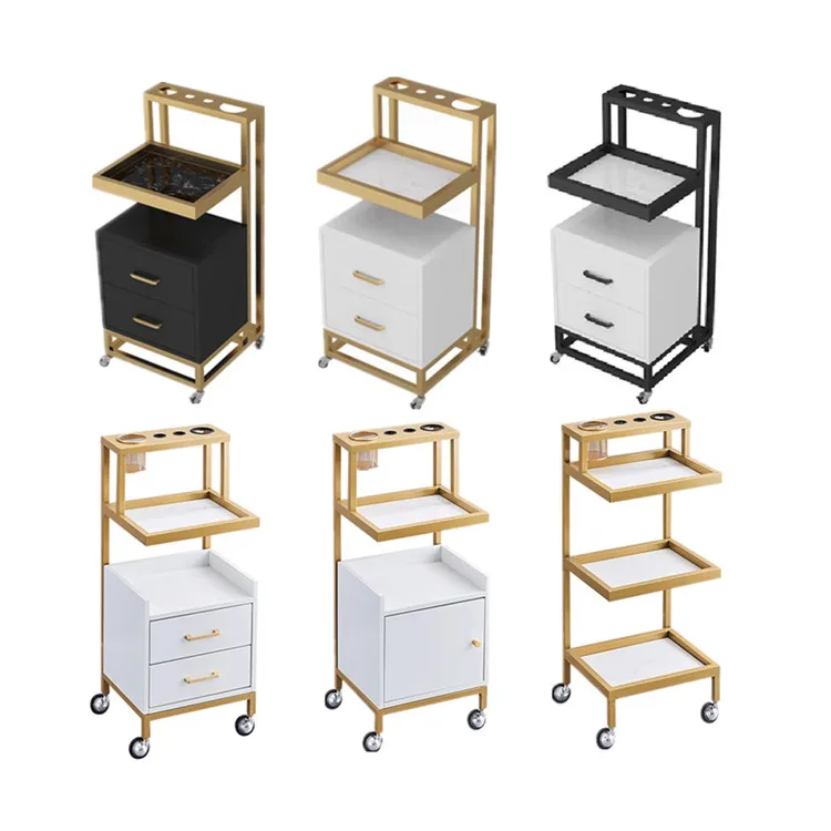 Best Quality makeup trolley cart stainless steel metal gold plated salon barber trolley with directional wheels for barber shop