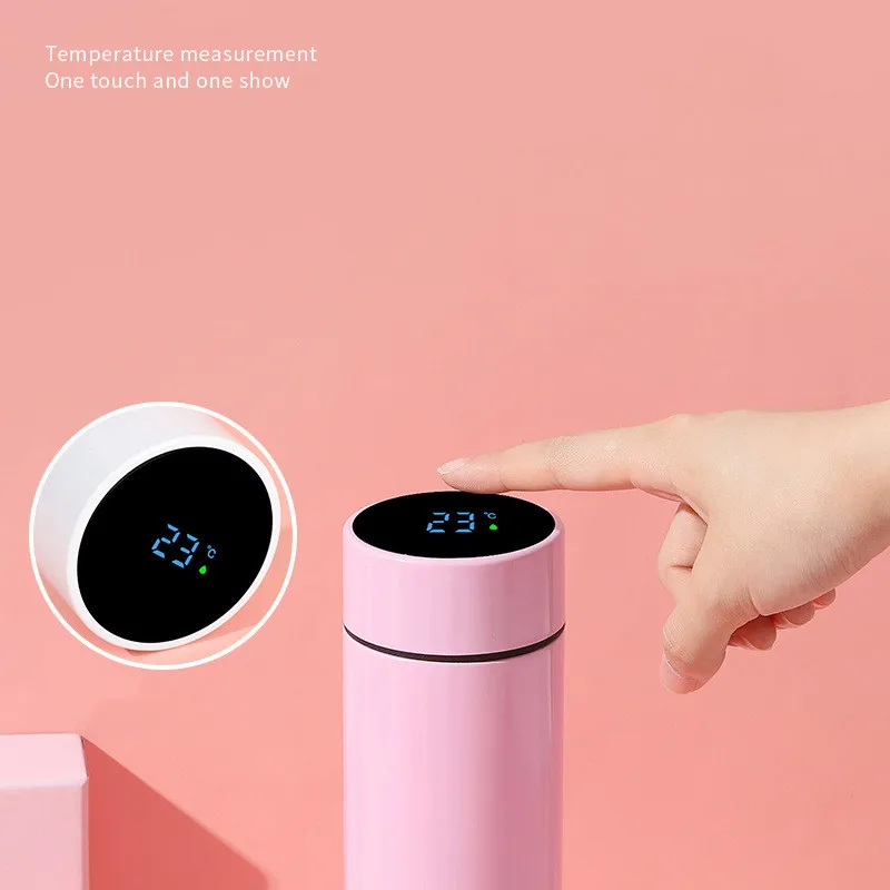 Smart Minimalist Design Stainless Steel Water Bottle Straight Cup Flask with LED Touch Temperature Display Bamboo Thermos