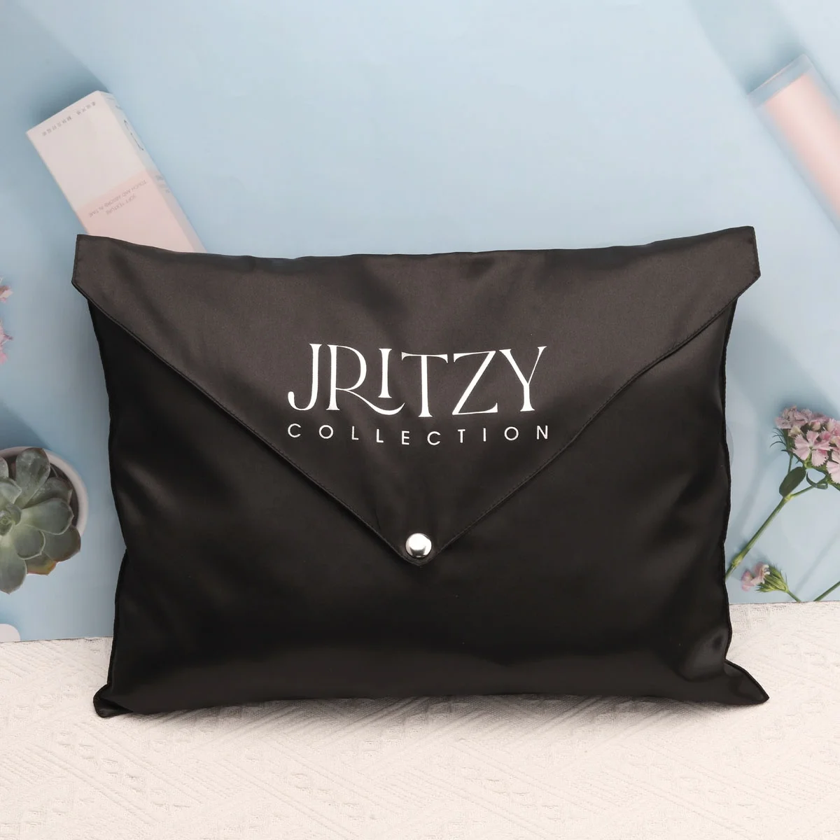 Wholesale Black Small Matte Satin Gift Envelope Pouch For Handbag Purse Clothes Small Button Flap Satin Packaging Dust Bag