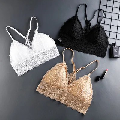 Women Bralette French Style Lace Bra Girls Triangle Cup Lingerie Deep V Wireless Underwear Soft Thin Seamless Bra