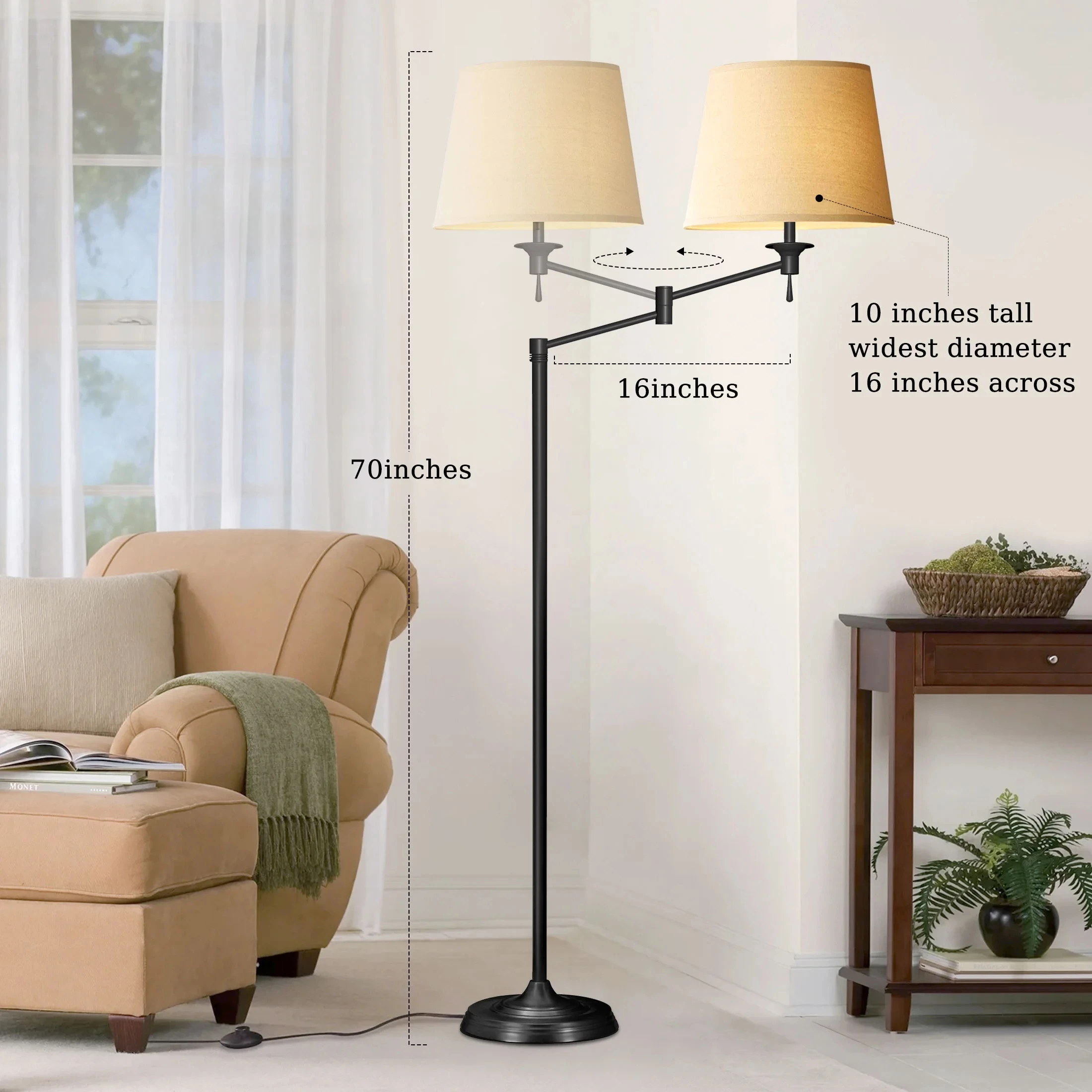 Standing Swing Arm Floor Lamp Rotating  Head Standing Lamp Fabric Lampshade Pull Switch Design Lighting Tall Pole Lamp Portable