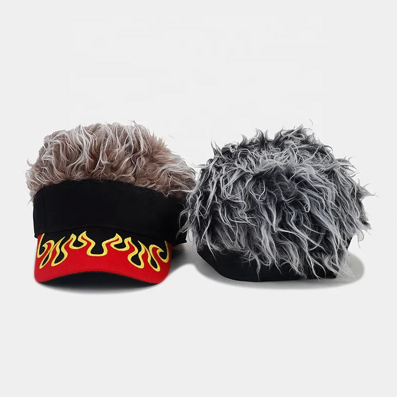 Custom Embroidery Logo Men Novelty Hair Golf Visor Sun Cap Hip Hop Adjustable Flames Wig Peaked Baseball Hat with Spiked Hairs