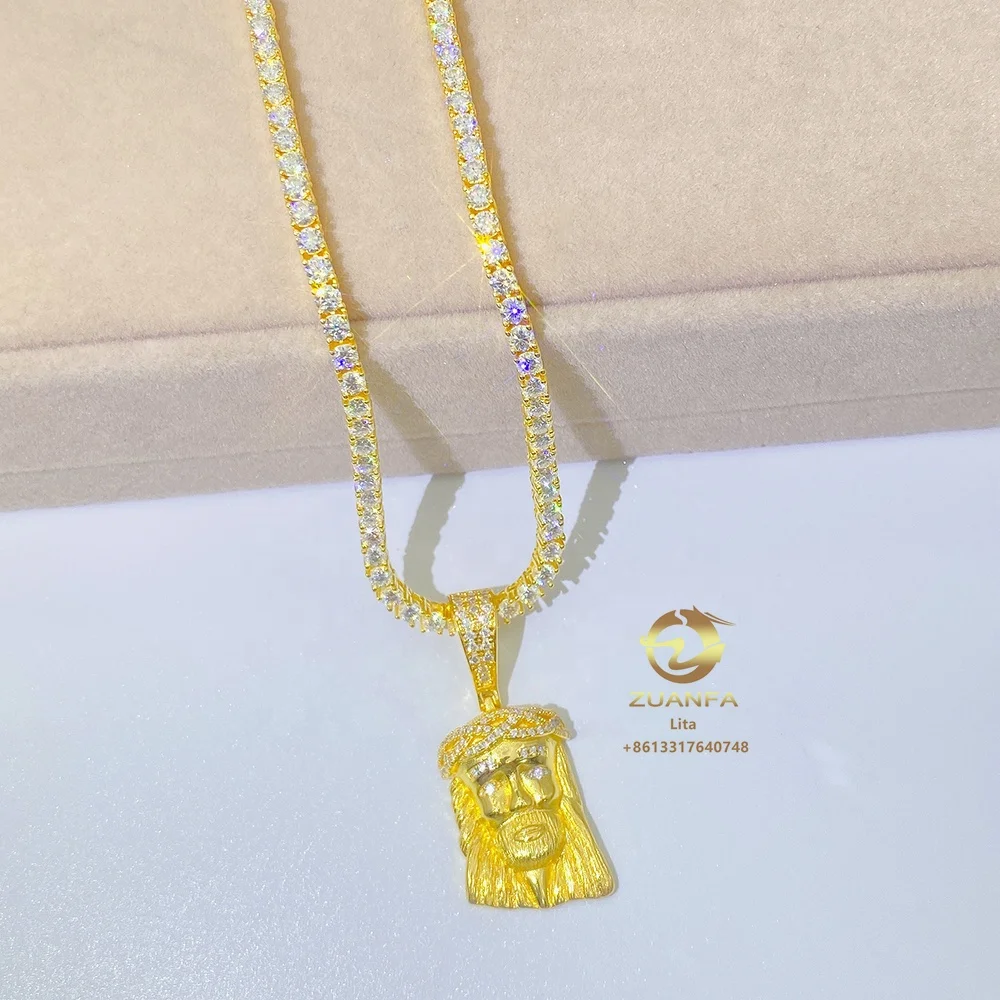 Ready to ship jesus head vvs moissanite diamond necklace pendant gold plated sterling silver moissanite pendant