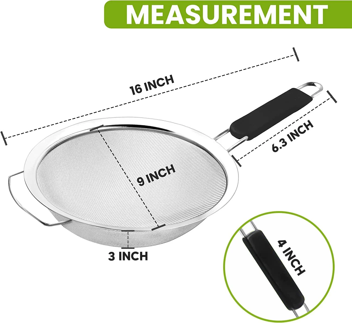 Large Fine Mesh Strainer with thermo plastic rubber handle - Sieve Fine Mesh Stainless Steel - Ideal to Strain Pasta, Quinoa and