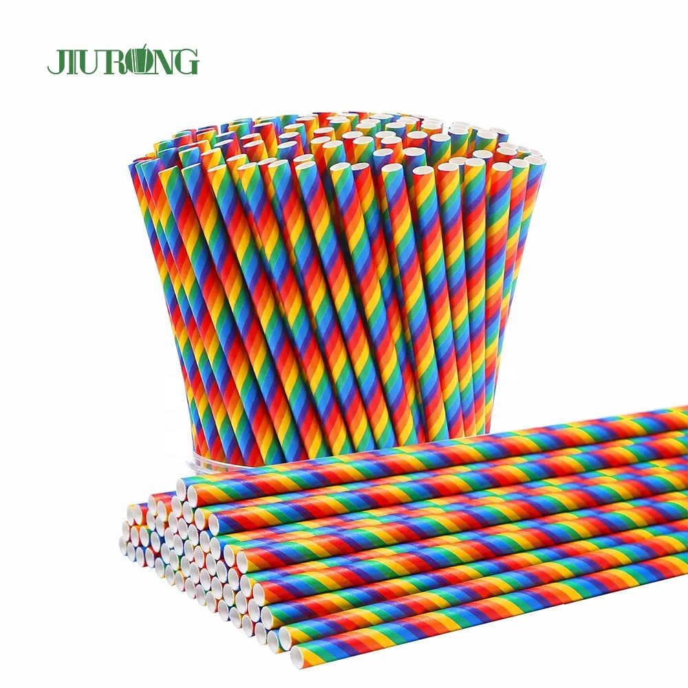 6*210mm 8*197mm Christmas Decoration Rainbow Paper Drinking Straws
