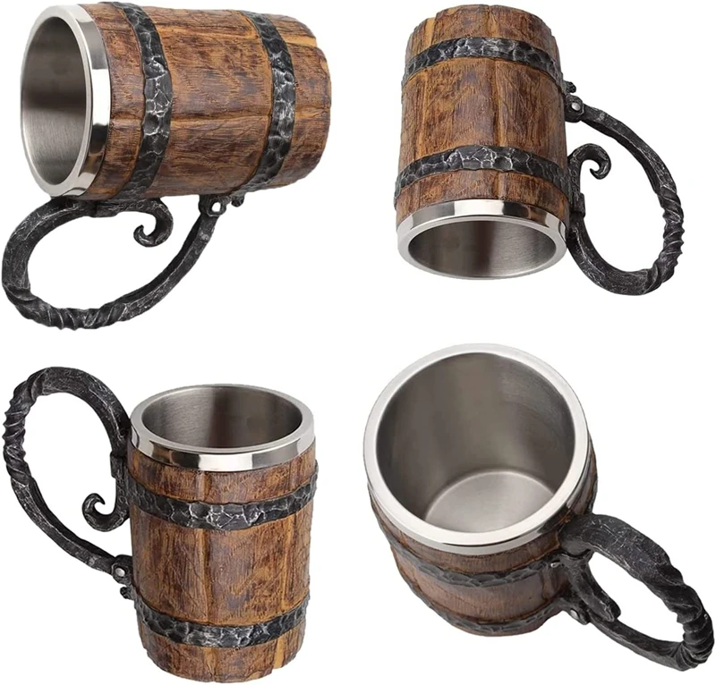Antique Barrel 550ML Viking Drinking Cup Stainless Handmade Wood Style Beer Mug