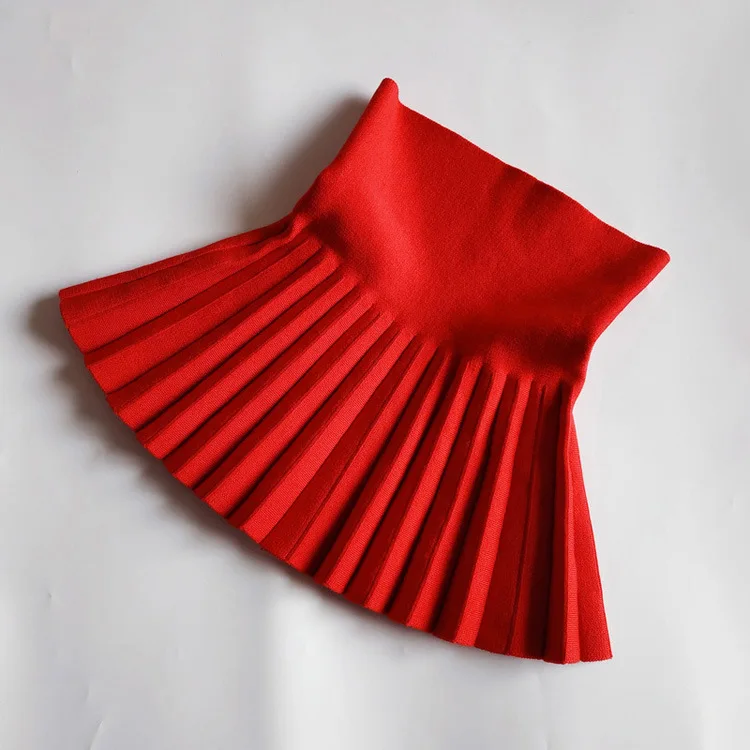 2024 Spring Autumn Children Girl High Waist Solid Knitted Pleated Skirt 4-9 Years