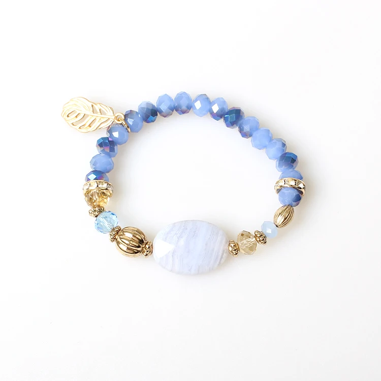 V&R Qingdao Jewelry Half Coating Matte Gold 18k Gold Plated Mix Opal Blue Faceted Bead Faceted Stripe Stone Stretch Bracelet