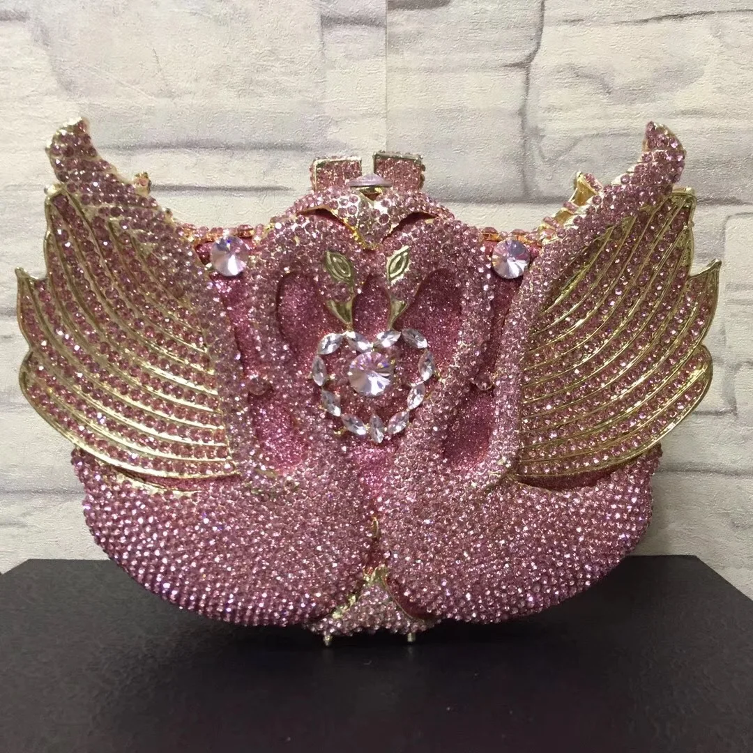 Luxury evening bag crystal hollow solid color pink swan shape designer high quality clutch bag
