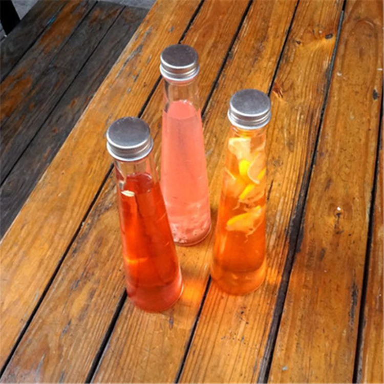 Unique Personalized 200ml circular cone shaped wholesale glass juice bottles